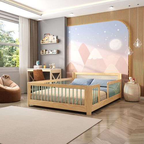 Cama Infantil Casal Montessoriano Wave com Rattan Casatema Verde/Natural