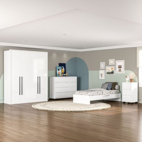 Guarda-Roupa Sevilha 4 Portas Cômoda 8 Gavetas Mesa de Cabeceira 3 Gavetas Cama Infanto Juvenil Branco