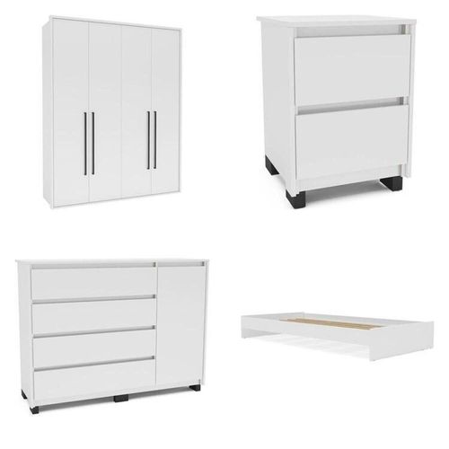 Guarda-Roupa Sevilha 4 Portas Cômoda 4 Gavetas 1 Porta Mesa de Cabeca 2 Gavetas Cama Infanto Juvenil Branco
