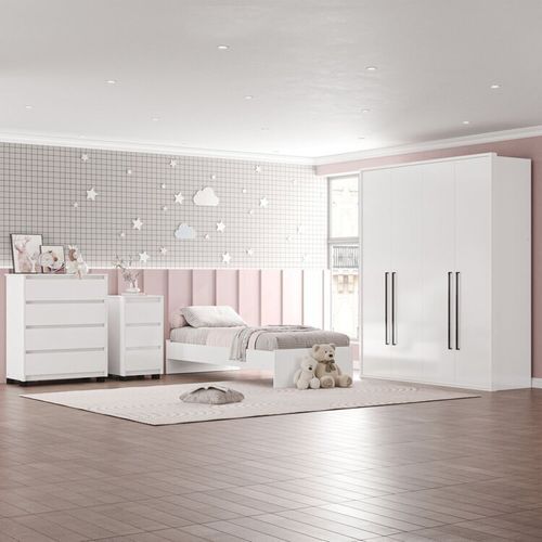 Guarda-Roupa Sevilha 4 Portas Cômoda 4 Gavetas Mesa de Cabeceira 3 Gavetas Cama Infanto Juvenil Branco