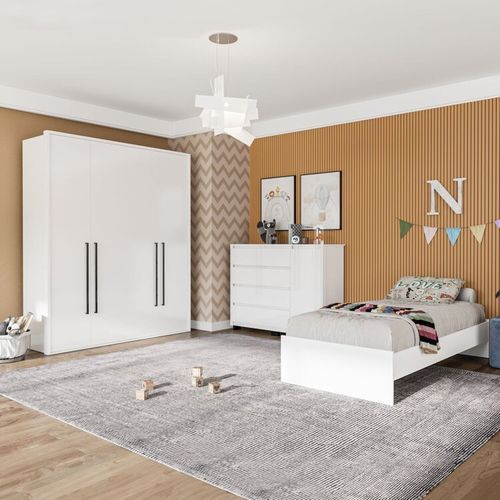 Guarda-Roupa Sevilha 4 Portas Cômoda 4 Gavetas 1 Porta Cama Infanto Juvenil Solteiro Branco