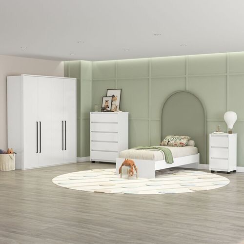 Guarda-Roupa Sevilha 4 Portas Cômoda 5 Gavetas Mesa de Cabeceira 3 Gavetas Cama Infanto Juvenil Branco