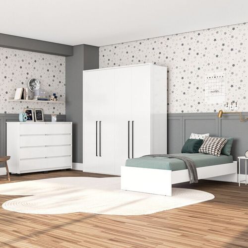 Guarda-Roupa Sevilha 4 Portas Cômoda 8 Gavetas Cama Infanto Juvenil Solteiro Branco