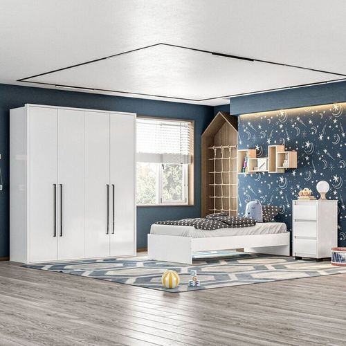 Guarda-Roupa Sevilha 4 Portas Mesa de Cabeceira 3 Gavetas Cama Infanto Juvenil Solteiro Branco