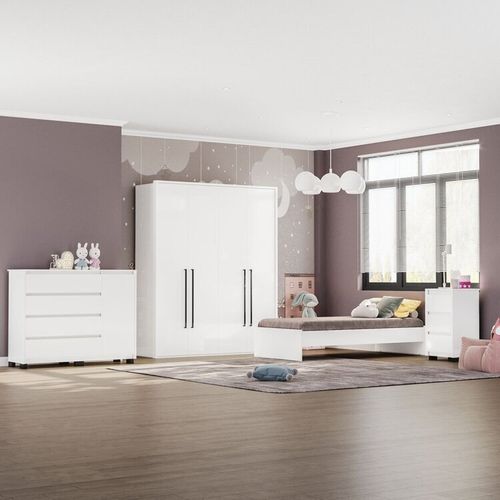 Guarda-Roupa Sevilha 4 Portas Cômoda 4 Gavetas 1 Porta Mesa de Cabeceira 3 Gavetas Cama Infanto Juvenil Branco