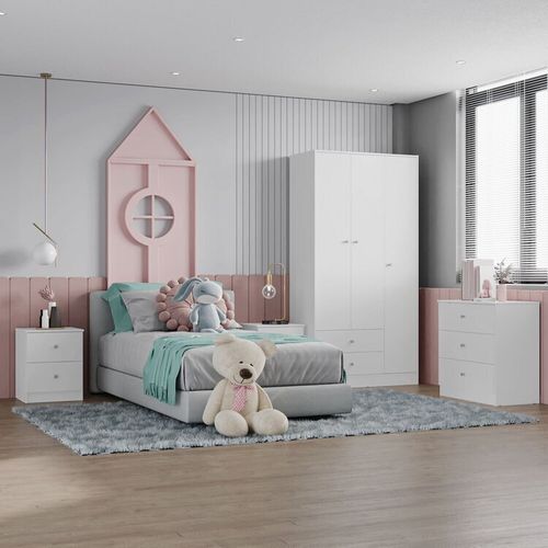 Guarda Roupa Gandu 3 portas 2 Gavetas, Cômoda 3 Gavetas e 2 mesas de cabeceira 2 Gavetas Branco
