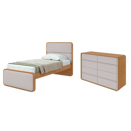 Quarto Infantil com Cama Solteiro Loop Tecido Corano e Cômoda 8 Gavetas 152x48x96cm Loop Amêndoa Clean/Off White