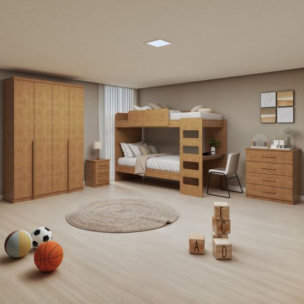 Quarto Infantil com Beliche Olga Cômoda e Criado Baião e Guarda-roupa Alonzo Amêndoa Clean