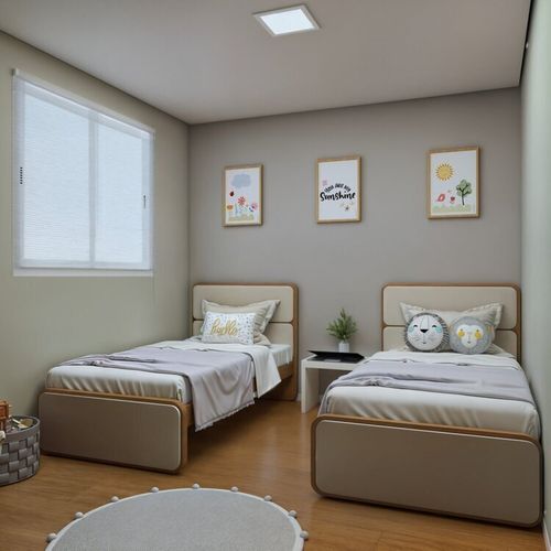 Quarto Infantil com 2 Camas Solteiro Loop Tecido Corano Amêndoa Clean/Off White
