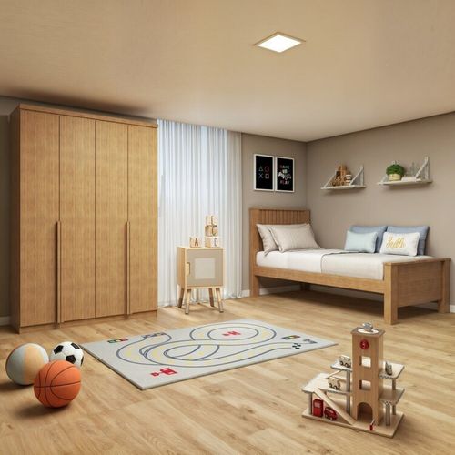 Quarto Infantil com Guarda-roupa Solteiro 4 Portas 2 Gavetas Alonzo e Cama Solteiro Athenas Amêndoa Clean