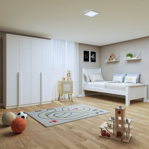 Quarto Infantil com Guarda-roupa Solteiro 4 Portas 2 Gavetas Alonzo e Cama Solteiro Athenas Branco
