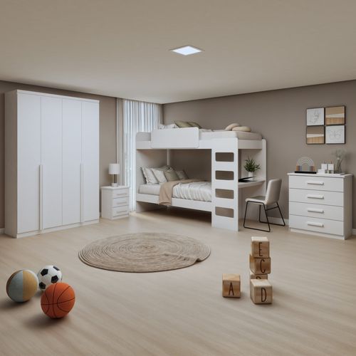 Quarto Infantil com Beliche Olga Cômoda e Criado Baião e Guarda-roupa Alonzo Branco