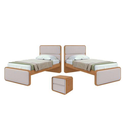Quarto Infantil com 2 Camas Solteiro Loop Tecido Corano e Mesa de Cabeceira 2 Gavetas Loop Amêndoa Clean/Off White