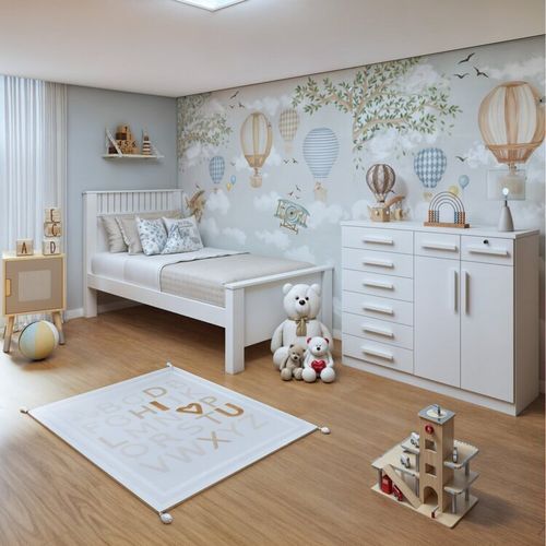 Quarto Infantil com Cama Solteiro Athenas e Cômoda 8 Gavetas 2 Portas Toronto Branco
