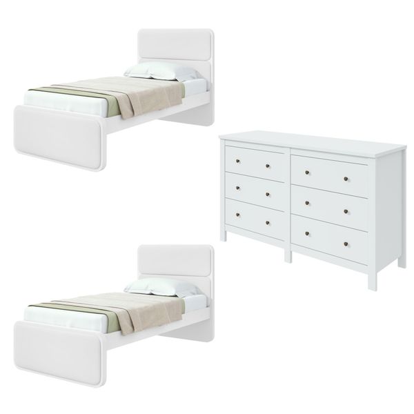Quarto Infantil com 2 Camas de Solteiro Loop e 1 Cômoda Maggiore Branco