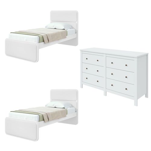 Quarto Infantil com 2 Camas de Solteiro Loop e 1 Cômoda Maggiore Branco