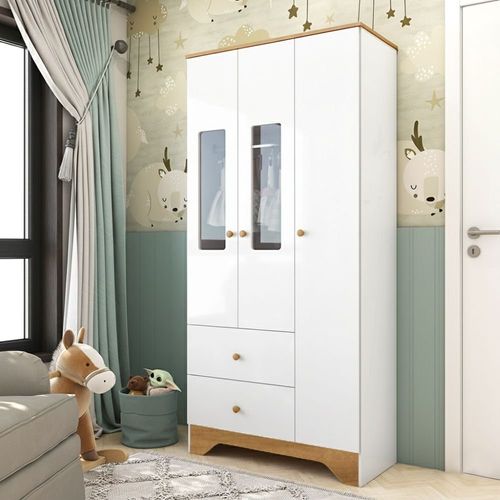 Guarda-roupa Infantil 3 Portas com Janelas Retangulares e 2 Gavetas 100% Mdf Cocada Branco Brilho/Amêndoa