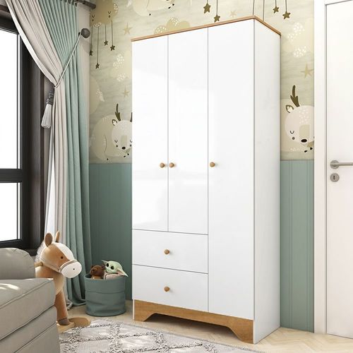 Guarda-roupa Infantil 3 Portas e 2 Gavetas 100% Mdf Cocada Branco Brilho/Amêndoa