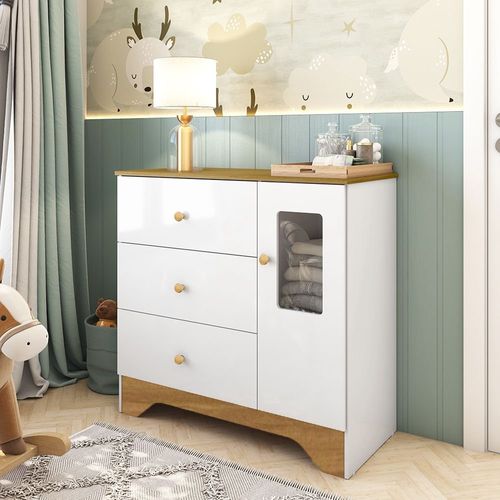Cômoda Infantil 1 Porta com Janela Retangular e 3 Gavetas 100% Mdf Cocada Branco Brilho/Amêndoa
