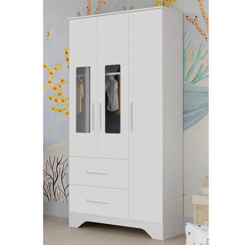 Guarda-roupa Infantil 3 Portas com Janelas Retangulares e 2 Gavetas 100% Mdf Liam Branco Brilho