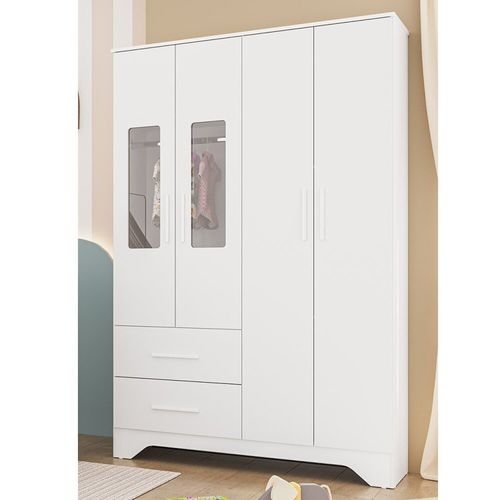 Guarda-roupa Infantil 4 Portas com Janelas Retangulares e 2 Gavetas 100% Mdf Liam Branco Brilho