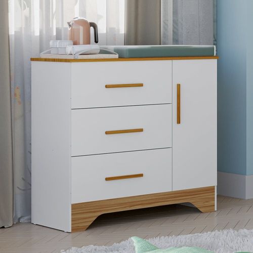 Cômoda Infantil 1 Porta e 3 Gavetas 100% MDF Liam Branco Brilho/Amêndoa