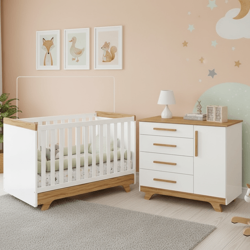 Quarto de Bebê com Berço 2 em 1 e Cômoda 100% Mdf Kakau Retrô Yescasa Branco Brilho/Amêndoa