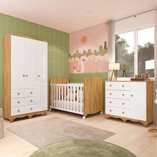 Quarto de Bebê Completo Berço, Cômoda e Guarda Roupa MDF Mimo Espresso Móveis Branco Brilho/Amê Branco Brilho/Amêndoa