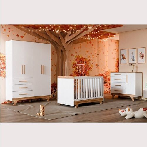Quarto de Bebê Completo com Guarda Roupa Cômoda e Berço 100% Mdf Kakau Retrô Yescasa Branco Brilho/Amêndoa