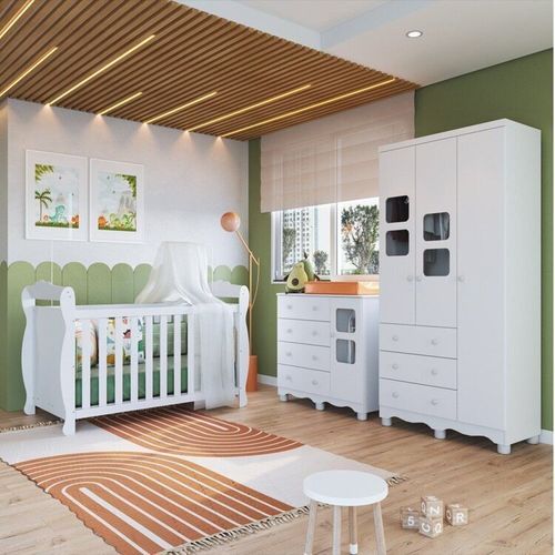 Quarto de Bebê Berço 3 em 1, Guarda-roupa e Cômoda com Janelas 100% MDF Nina Espresso Móveis Branco Brilho