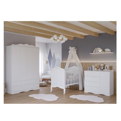 Quarto de Bebê 3 Peças com Berço e Cômoda 4 Gavetas e Guarda-roupa 4 Portas 4 Gavetas Aquarela Espre Branco