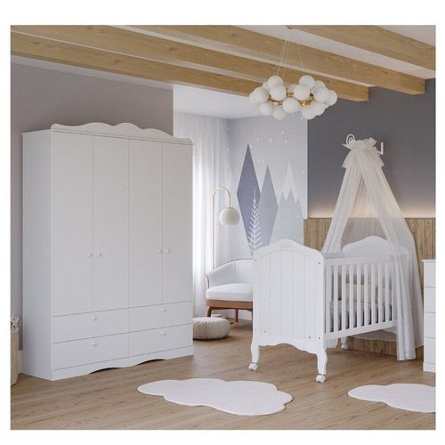 Quarto de Bebê 2 Peças com Berço e Guarda-roupa 4 Portas 4 Gavetas Aquarela Espresso Móveis Branco