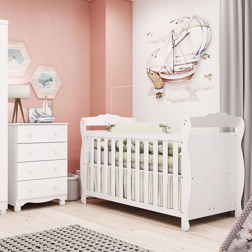 Quarto de Bebê com Berço Minicama e Cômoda 4 Gavetas 100% MDF Nina Espresso Móveis Branco Brilho
