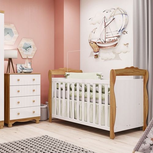 Quarto de Bebê com Berço Minicama e Cômoda 4 Gavetas 100% MDF Nina Espresso Móveis Branco Brilho/Amêndoa