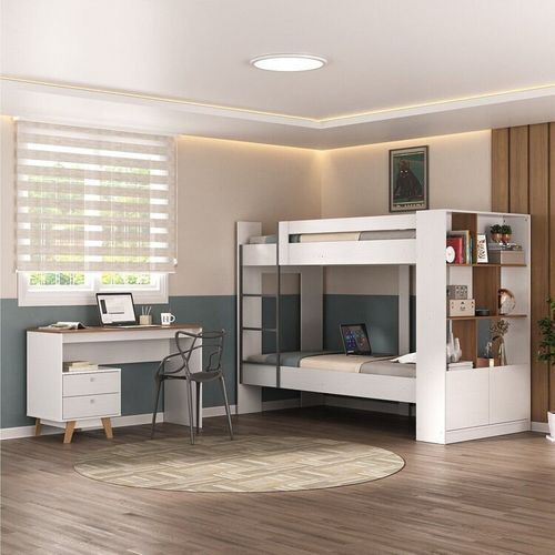 Conjunto de Quarto Juvenil com Beliche e Escrivaninha 2 Gavetas Zest Yescasa Branco/Nogal