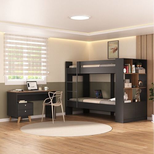 Quarto Juvenil Completo Zest com Beliche e Escrivaninha 2 Gavetas Yescasa Grafite/Nogal