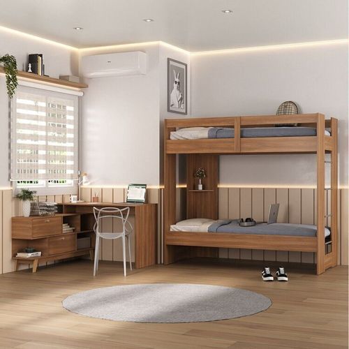 Conjunto Quarto Juvenil Completo Nexis com Beliche e Escrivaninha em L 2 Portas Yescasa Nogal