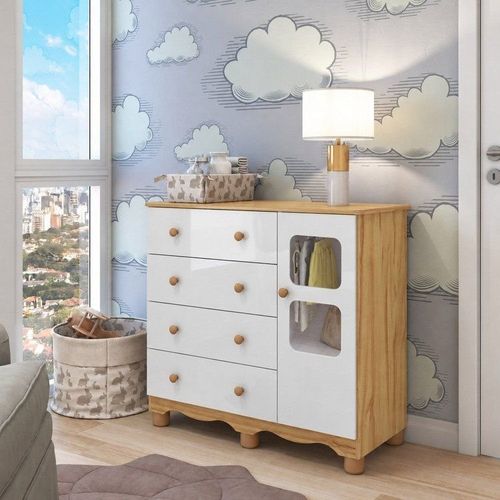 Cômoda Bebê 1 Porta com Janela e 4 Gavetas Mimo 100% MDF Espresso Móveis Amêndoa Branco Amêndoa/Branco Brilho