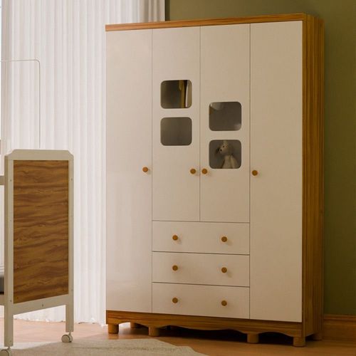 Guarda-Roupa Infantil 122cm 4 Portas 3 Gavetas com Janelas e Pés Mimo 100% MDF Espresso Móveis Branco Brilho/Amêndoa