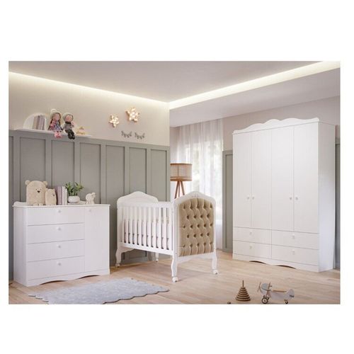 Quarto de Bebê 3 Peças com Berço Capitonê Cômoda 4 Gavetas e Guarda Roup. 4 Pts 4 Gavetas Aquarella Branco