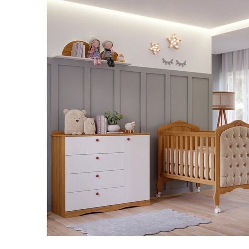 Quarto de Bebê 2 Peças com Berço Capitonê Cômoda 4 Gavetas Aquarella Espresso Móveis Nature/Branco
