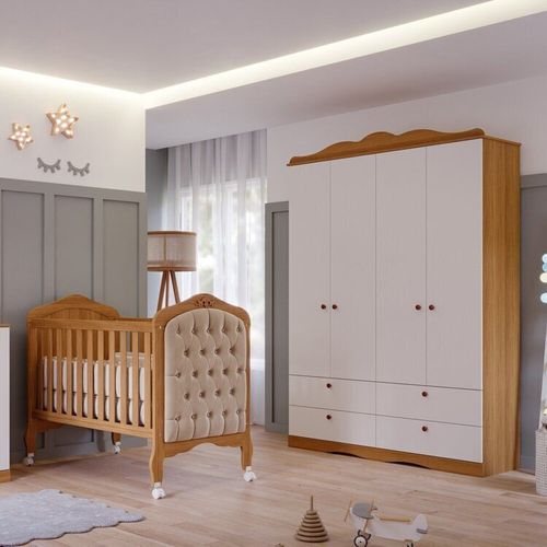 Quarto de Bebê 2 Peças com Berço Capitonê e Guarda-roupa 4 Portas 4 Gavetas Aquarella Espresso Móvei Nature/Branco