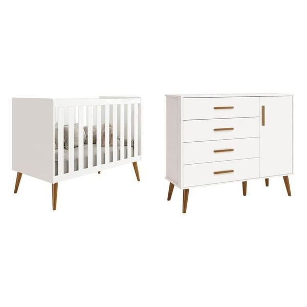 Quarto de bebê Completo com Cômoda sapateira 4 Gavetas 1 porta e Berço Isis Branco