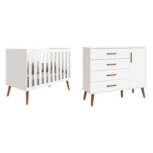 Quarto de bebê Completo com Cômoda sapateira 4 Gavetas 1 porta e Berço Isis Branco