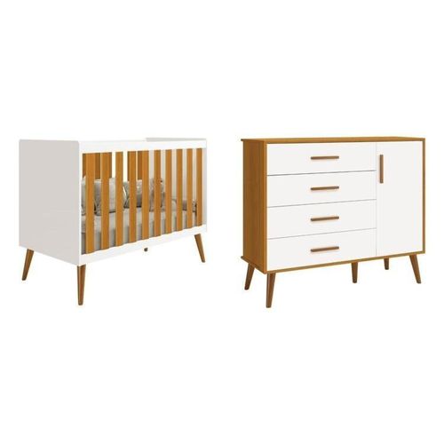 Quarto de Bebê Completo com Cômoda Sapateira 4 Gavetas 1 Porta e Berço Isis Branco/Savana