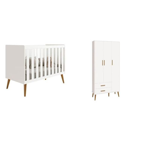 Quarto de Bebê Completo com Guarda Roupa 3 Portas 2 Gavetas e Berço Isis Branco