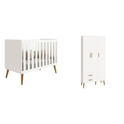 Quarto de Bebê Completo com Guarda Roupa 3 Portas 2 Gavetas e Berço Isis Branco