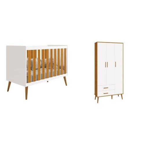 Quarto de Bebê Completo com Guarda Roupa 3 Portas 2 Gavetas e Berço Isis Branco/Savana