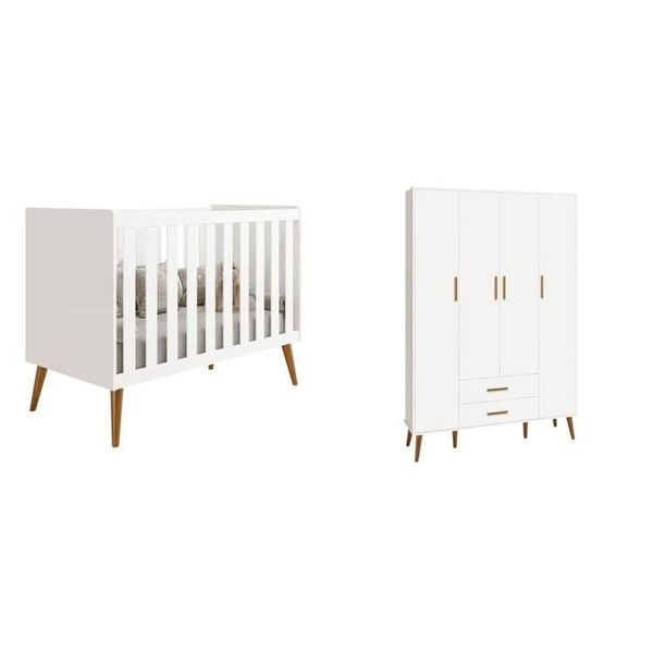 Quarto de Bebê Completo com Guarda Roupa 4 Portas 2 Gavetas e Berço Isis Branco
