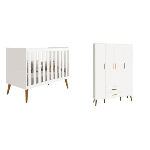 Quarto de Bebê Completo com Guarda Roupa 4 Portas 2 Gavetas e Berço Isis Branco